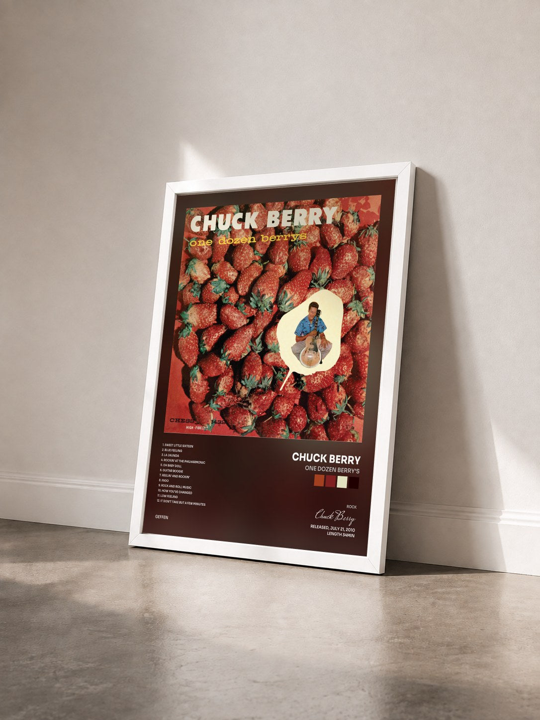 #blanc Tableau de l'album One Dozen Berry's de Chuck Berry vu de trois quarts, cadre blanc