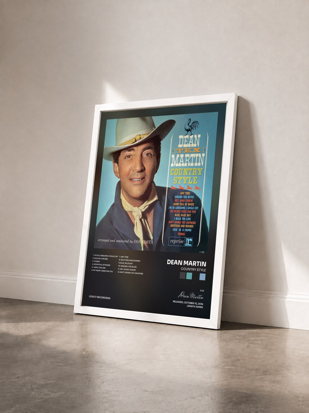 #blanc Tableau de l'album Country Style de Dean Martin vu de trois quarts, cadre blanc