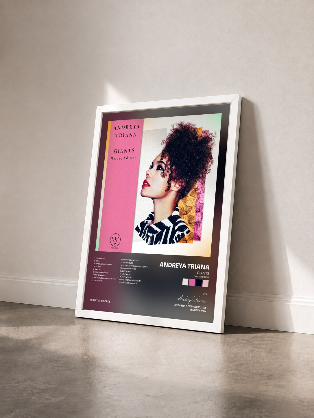 #blanc Tableau de l'album Giants (Deluxe Edition) de Andreya Triana vu de trois quarts, cadre blanc