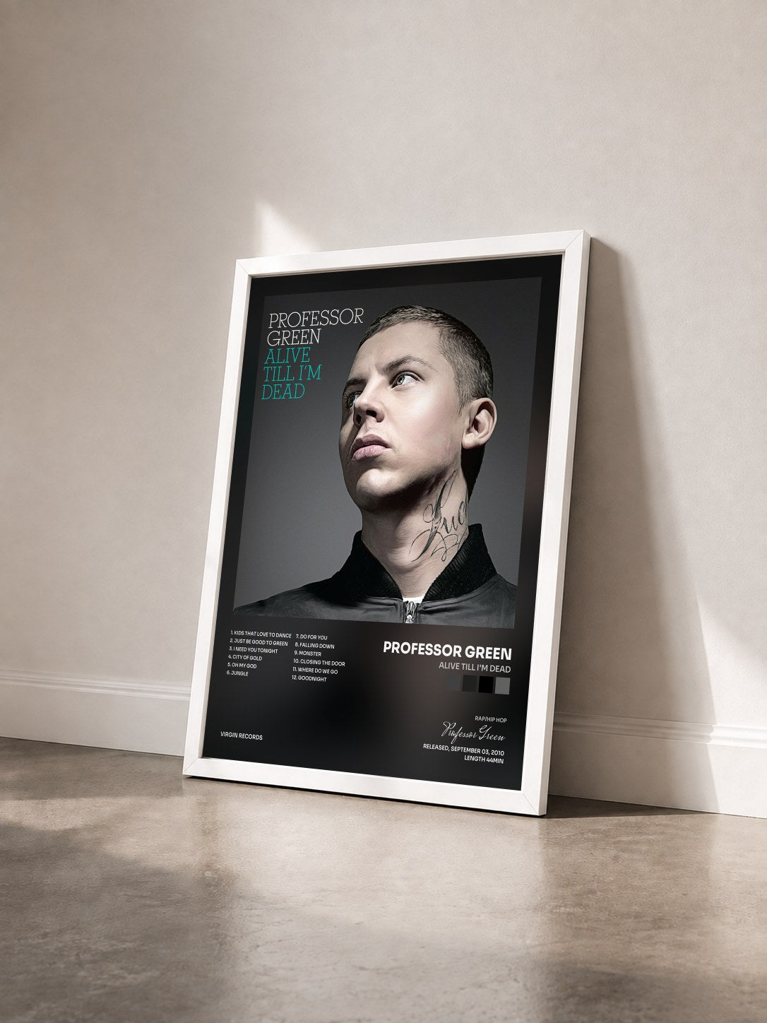 #blanc Tableau de l'album Alive Till I'm Dead de Professor Green vu de trois quarts, cadre blanc