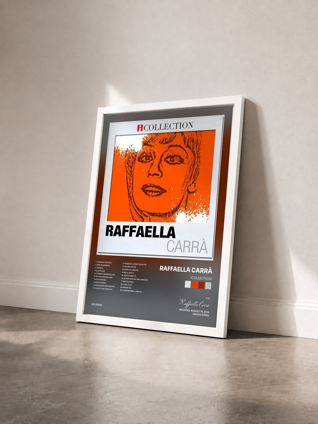 #blanc Tableau de l'album iCollection de Raffaella Carrà vu de trois quarts, cadre blanc