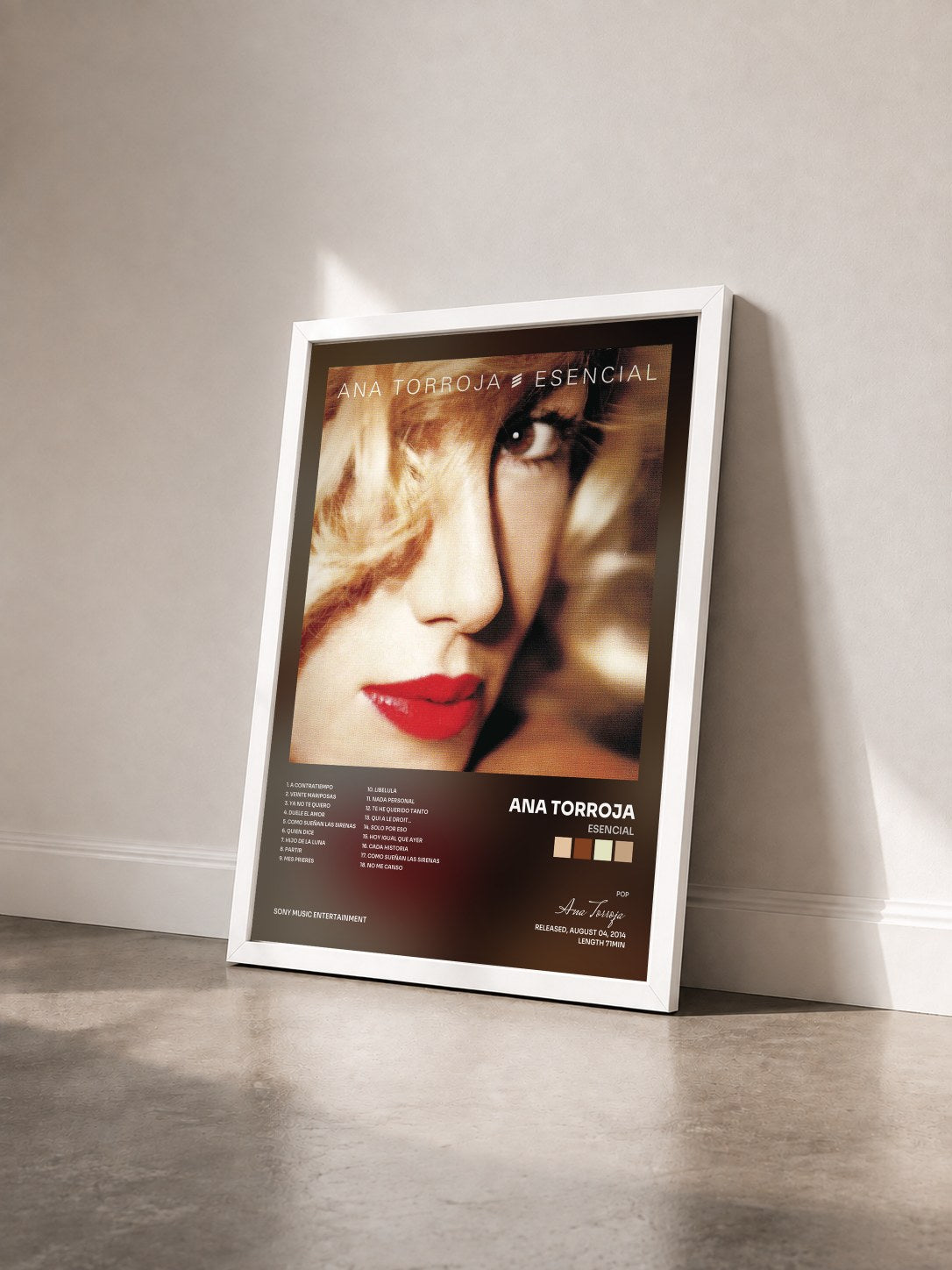 #blanc Tableau de l'album Esencial de Ana Torroja vu de trois quarts, cadre blanc