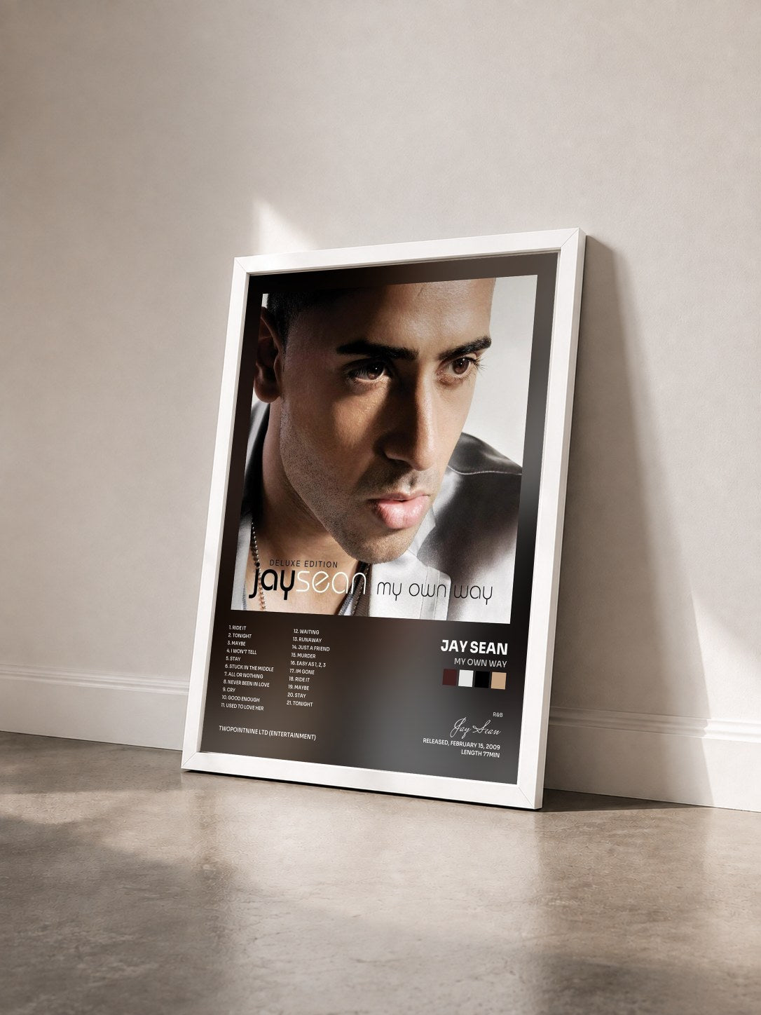 #blanc Tableau de l'album My Own Way de Jay Sean vu de trois quarts, cadre blanc