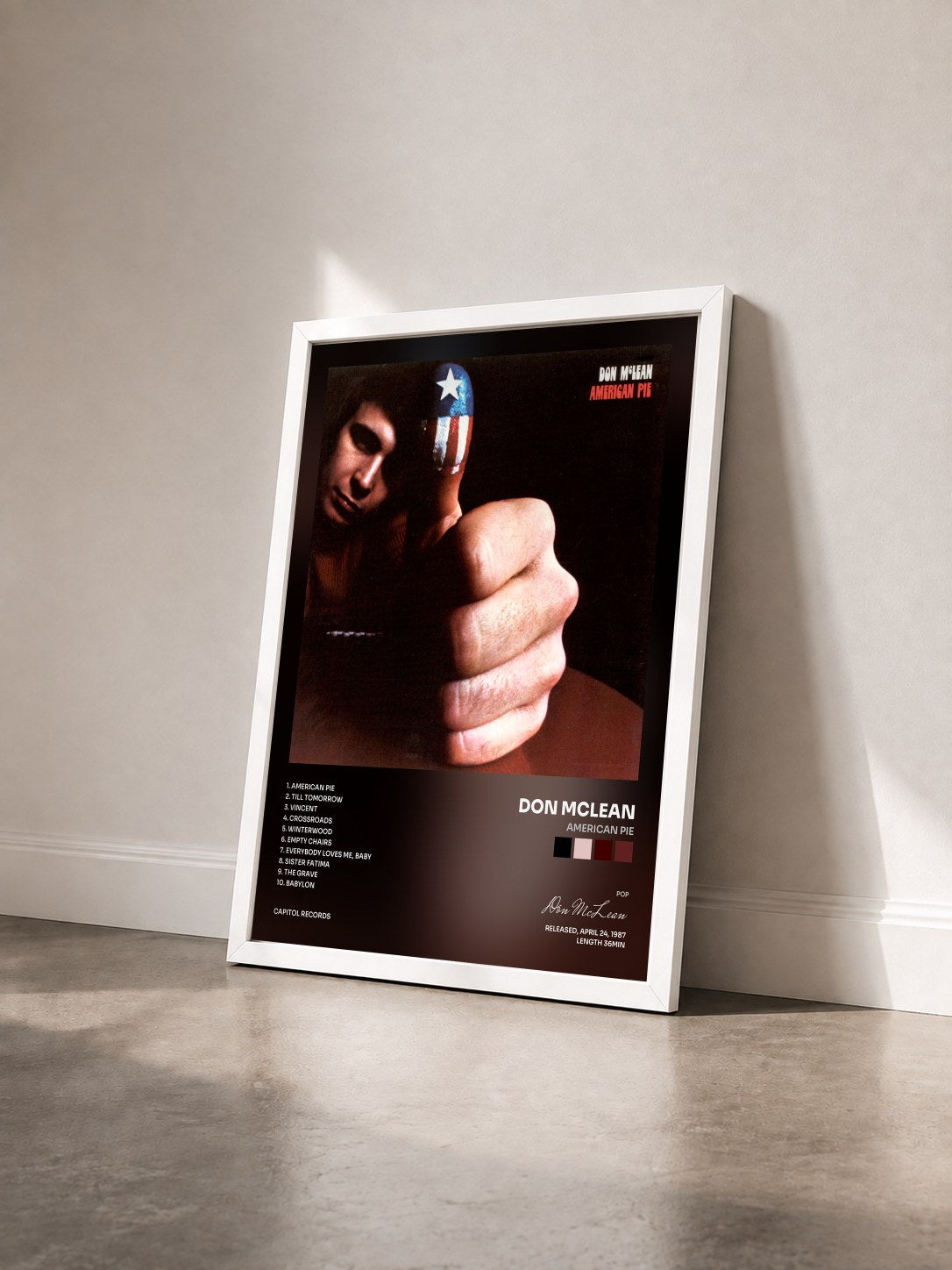 #blanc Tableau de l'album American Pie de Don McLean vu de trois quarts, cadre blanc