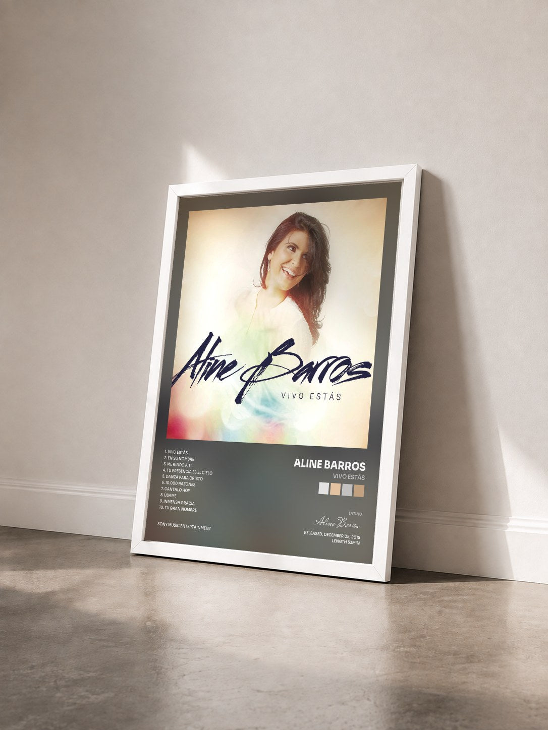#blanc Tableau de l'album Vivo Estás de Aline Barros vu de trois quarts, cadre blanc
