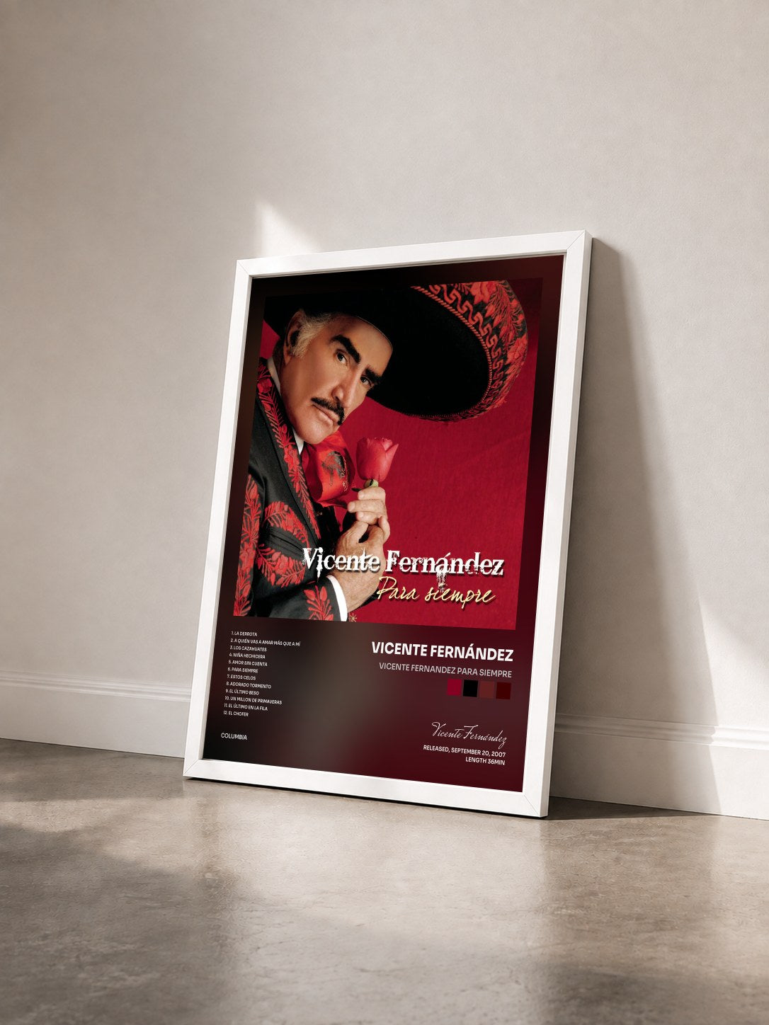 #blanc Tableau de l'album Vicente Fernandez Para Siempre de Vicente Fernández vu de trois quarts, cadre blanc