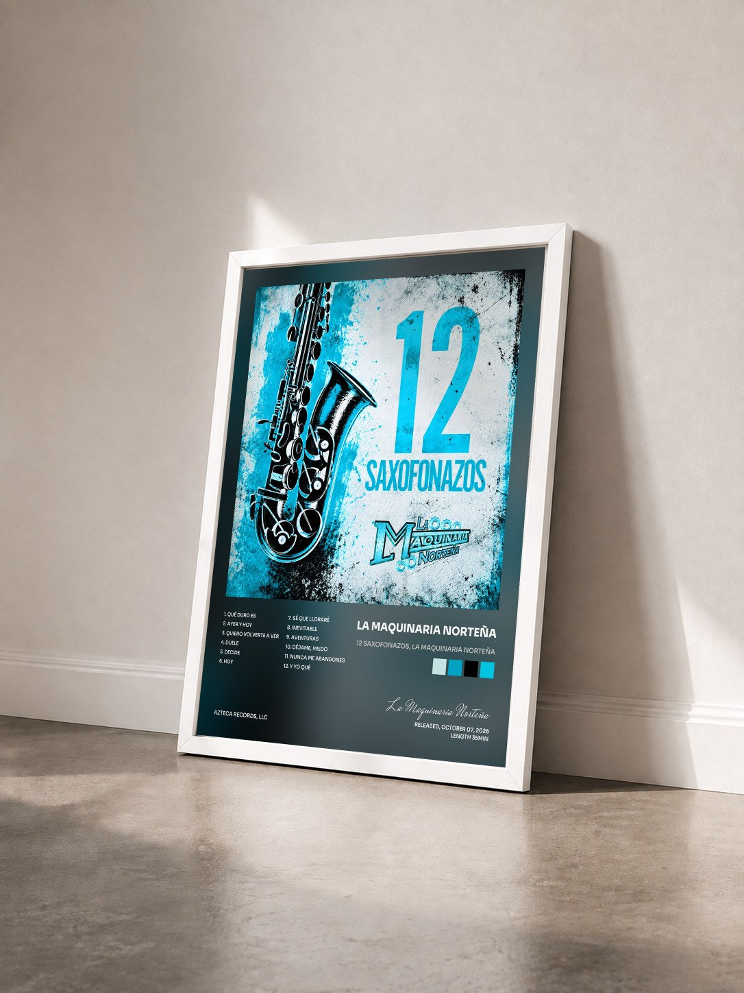 #blanc Tableau de l'album 12 Saxofonazos, La Maquinaria Norteña de La Maquinaria Norteña vu de trois quarts, cadre blanc