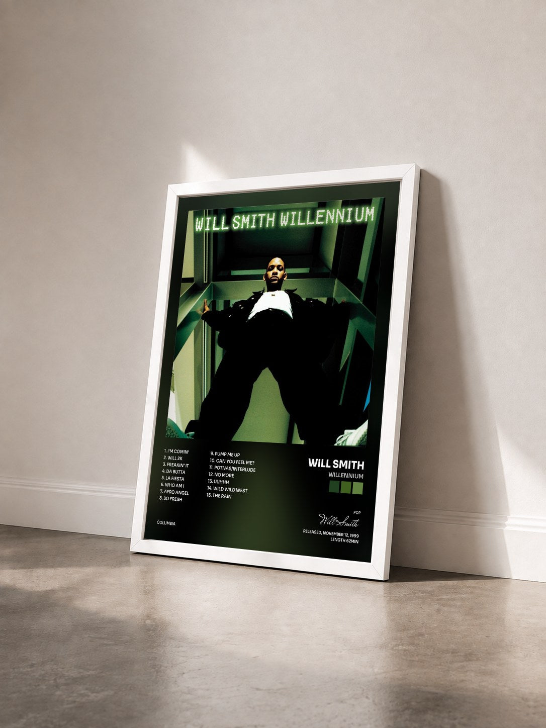 #blanc Tableau de l'album Willennium de Will Smith vu de trois quarts, cadre blanc
