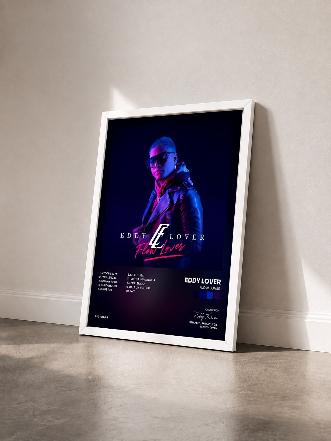 #blanc Tableau de l'album Flow Lover de Eddy Lover vu de trois quarts, cadre blanc