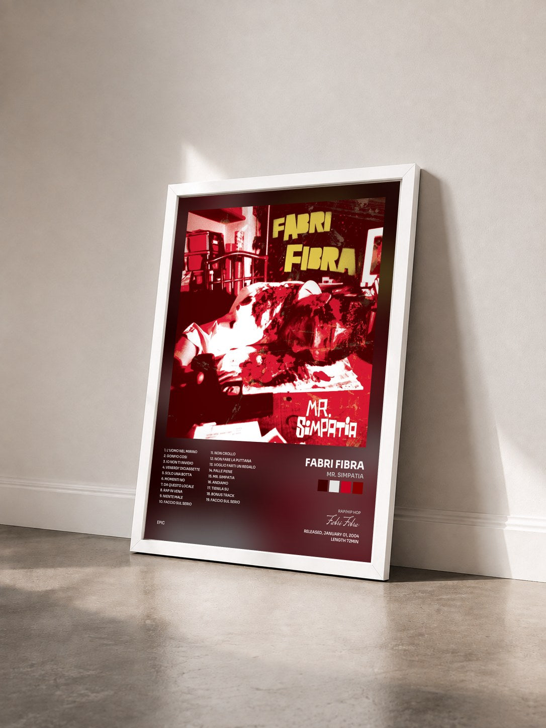 #blanc Tableau de l'album Mr. Simpatia de Fabri Fibra vu de trois quarts, cadre blanc