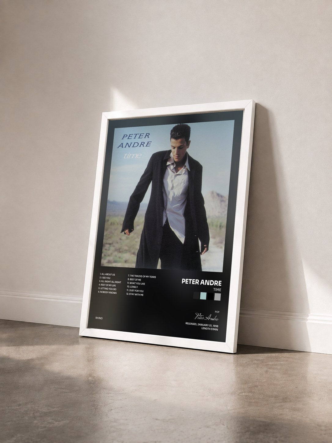 #blanc Tableau de l'album Time de Peter Andre vu de trois quarts, cadre blanc