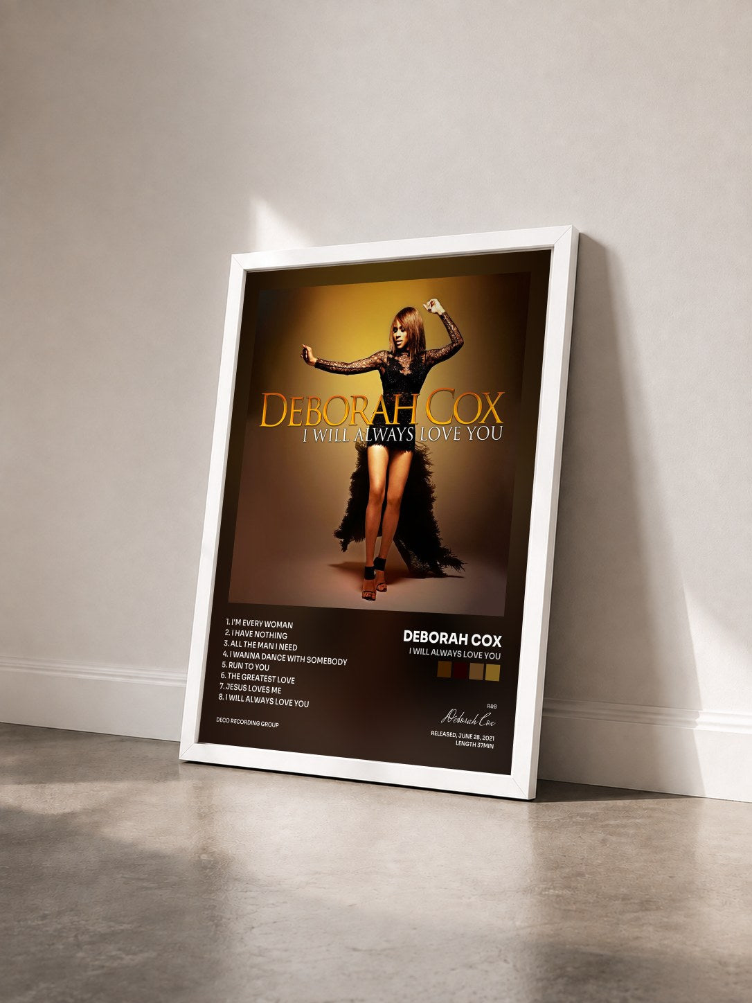 #blanc Tableau de l'album I WILL ALWAYS LOVE YOU de Deborah Cox vu de trois quarts, cadre blanc