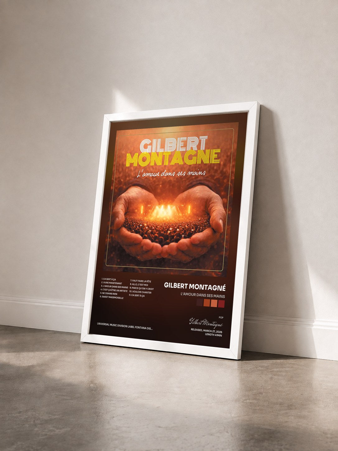 #blanc Tableau de l'album L'amour dans ses mains de Gilbert Montagné vu de trois quarts, cadre blanc