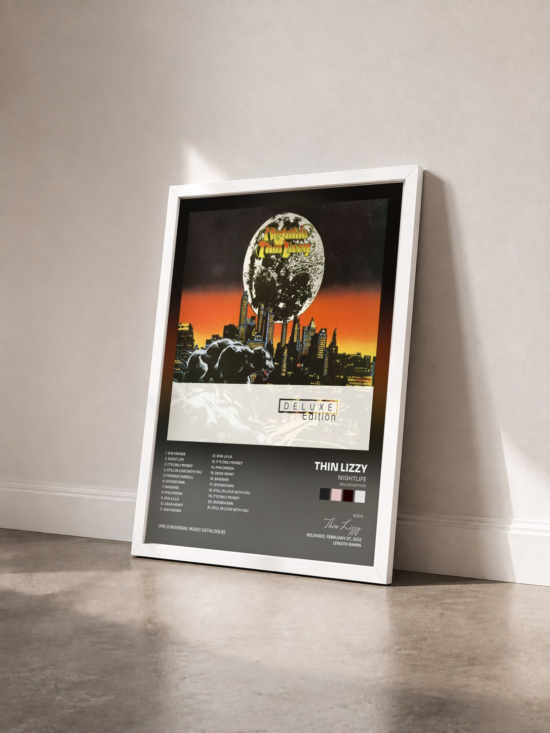 #blanc Tableau de l'album Nightlife (Deluxe Edition) de Thin Lizzy vu de trois quarts, cadre blanc
