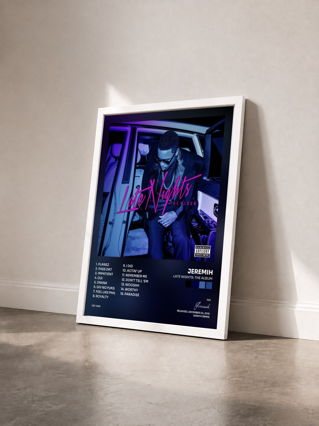 #blanc Tableau de l'album Late Nights: The Album de Jeremih vu de trois quarts, cadre blanc