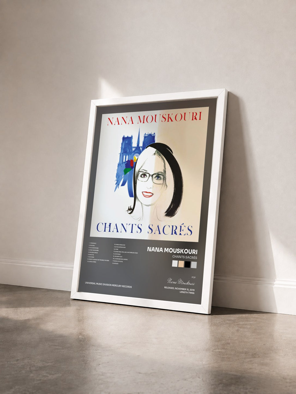 #blanc Tableau de l'album Chants sacrés de Nana Mouskouri vu de trois quarts, cadre blanc