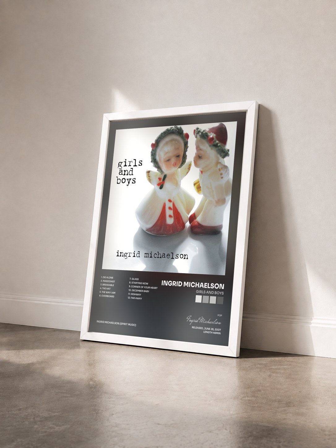 #blanc Tableau de l'album Girls And Boys de Ingrid Michaelson vu de trois quarts, cadre blanc