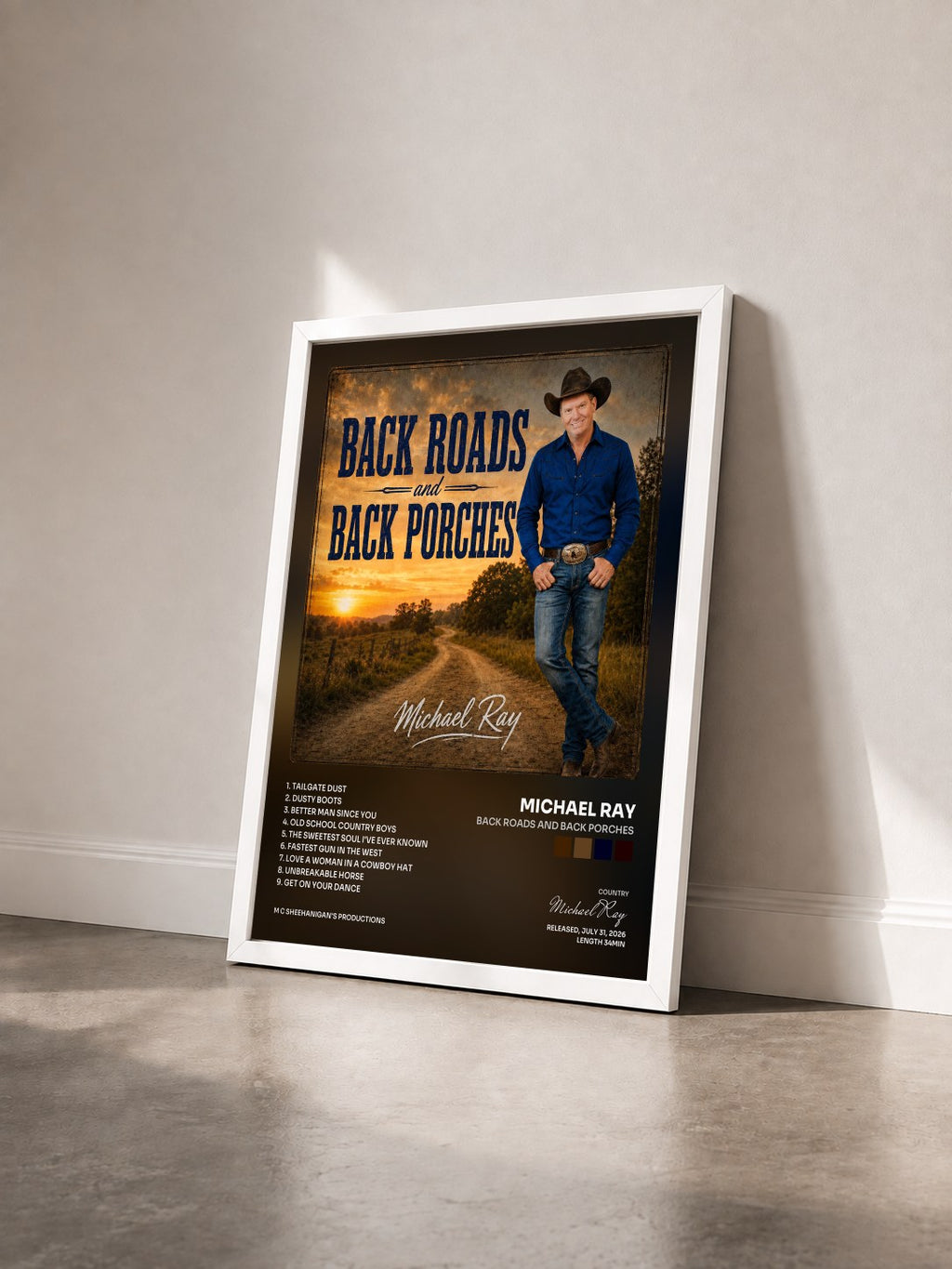 #blanc Tableau de l'album Back Roads and Back Porches de Michael Ray vu de trois quarts, cadre blanc