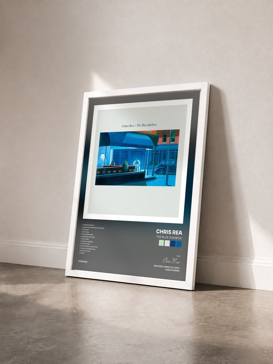 #blanc Tableau de l'album The Blue Jukebox de Chris Rea vu de trois quarts, cadre blanc