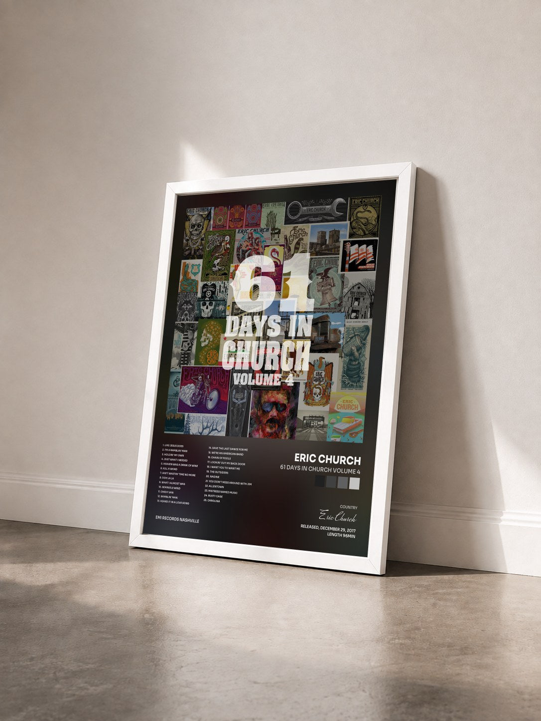 #blanc Tableau de l'album 61 Days In Church Volume 4 de Eric Church vu de trois quarts, cadre blanc