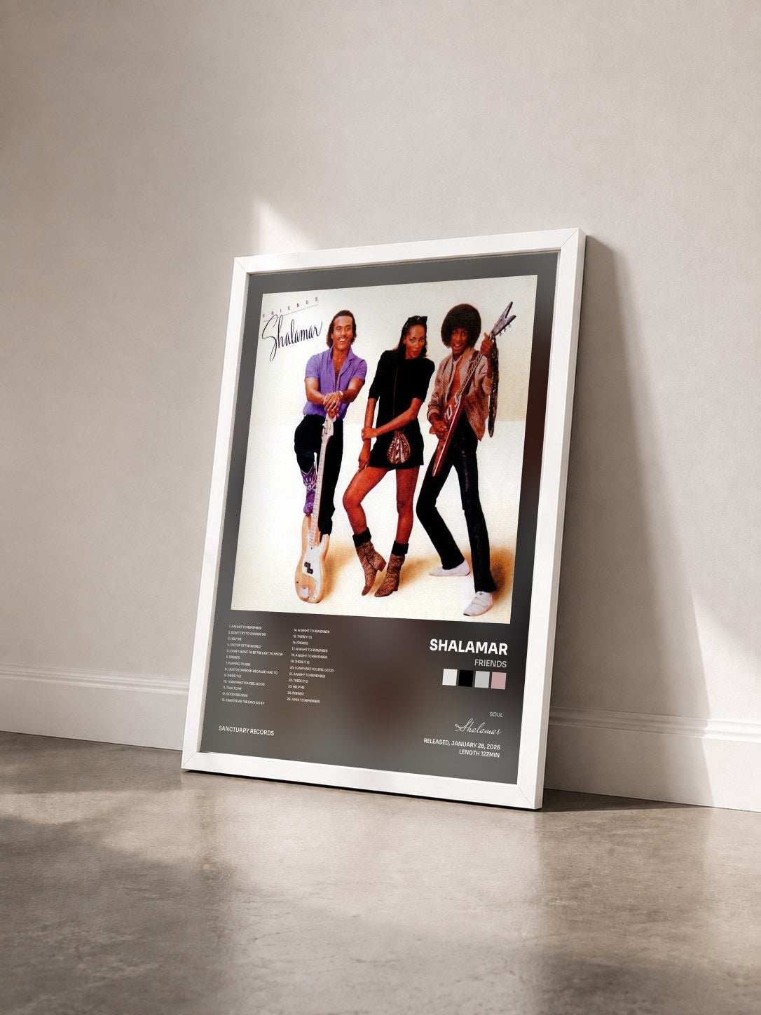 #blanc Tableau de l'album Friends de Shalamar vu de trois quarts, cadre blanc