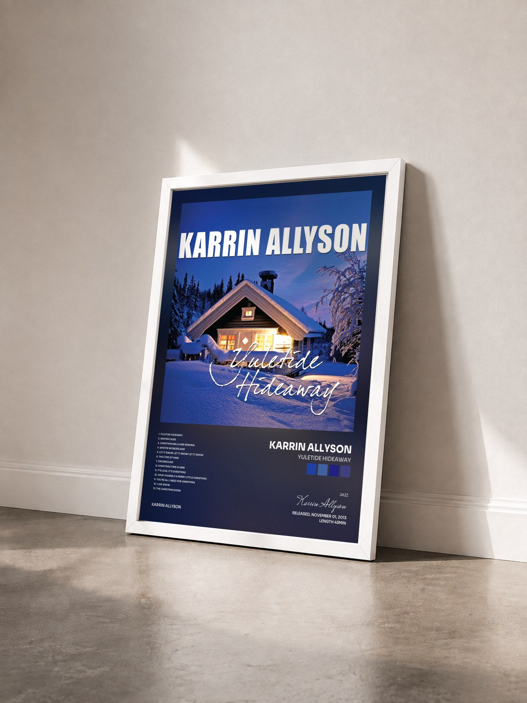 #blanc Tableau de l'album Yuletide Hideaway de Karrin Allyson vu de trois quarts, cadre blanc