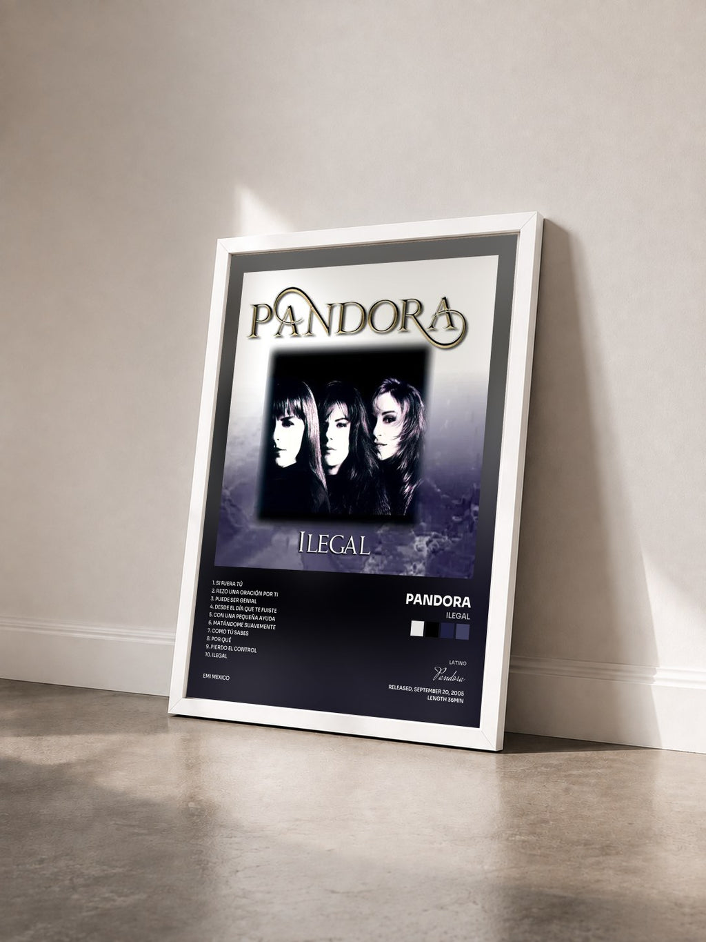 #blanc Tableau de l'album Ilegal de Pandora vu de trois quarts, cadre blanc