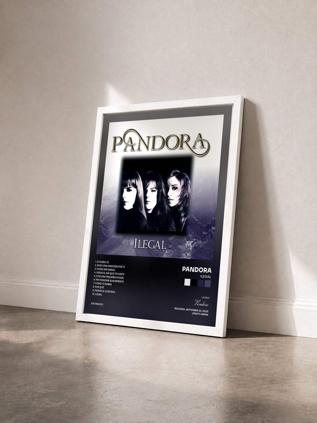 #blanc Tableau de l'album Ilegal de Pandora vu de trois quarts, cadre blanc