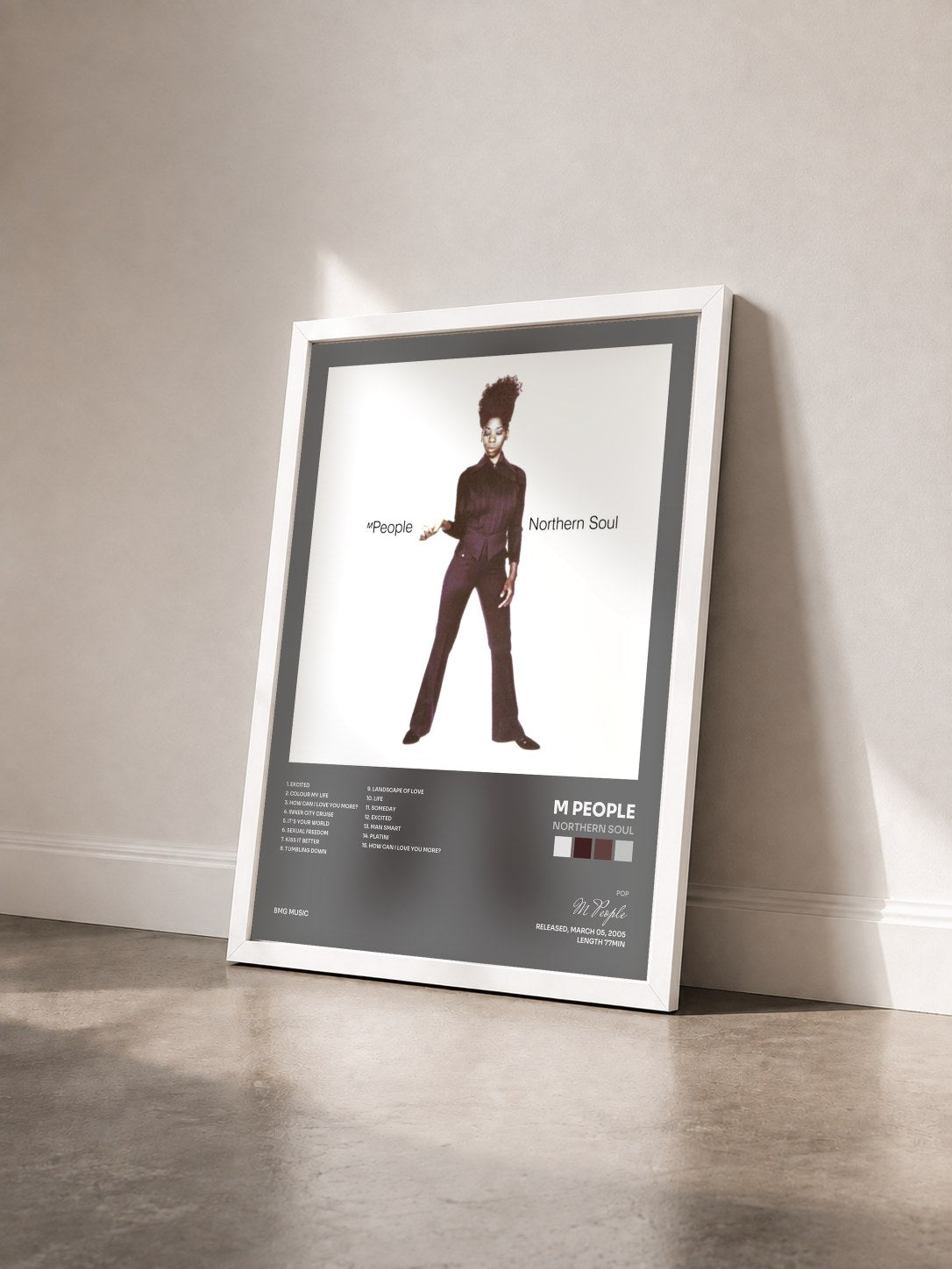 #blanc Tableau de l'album Northern Soul de M People vu de trois quarts, cadre blanc