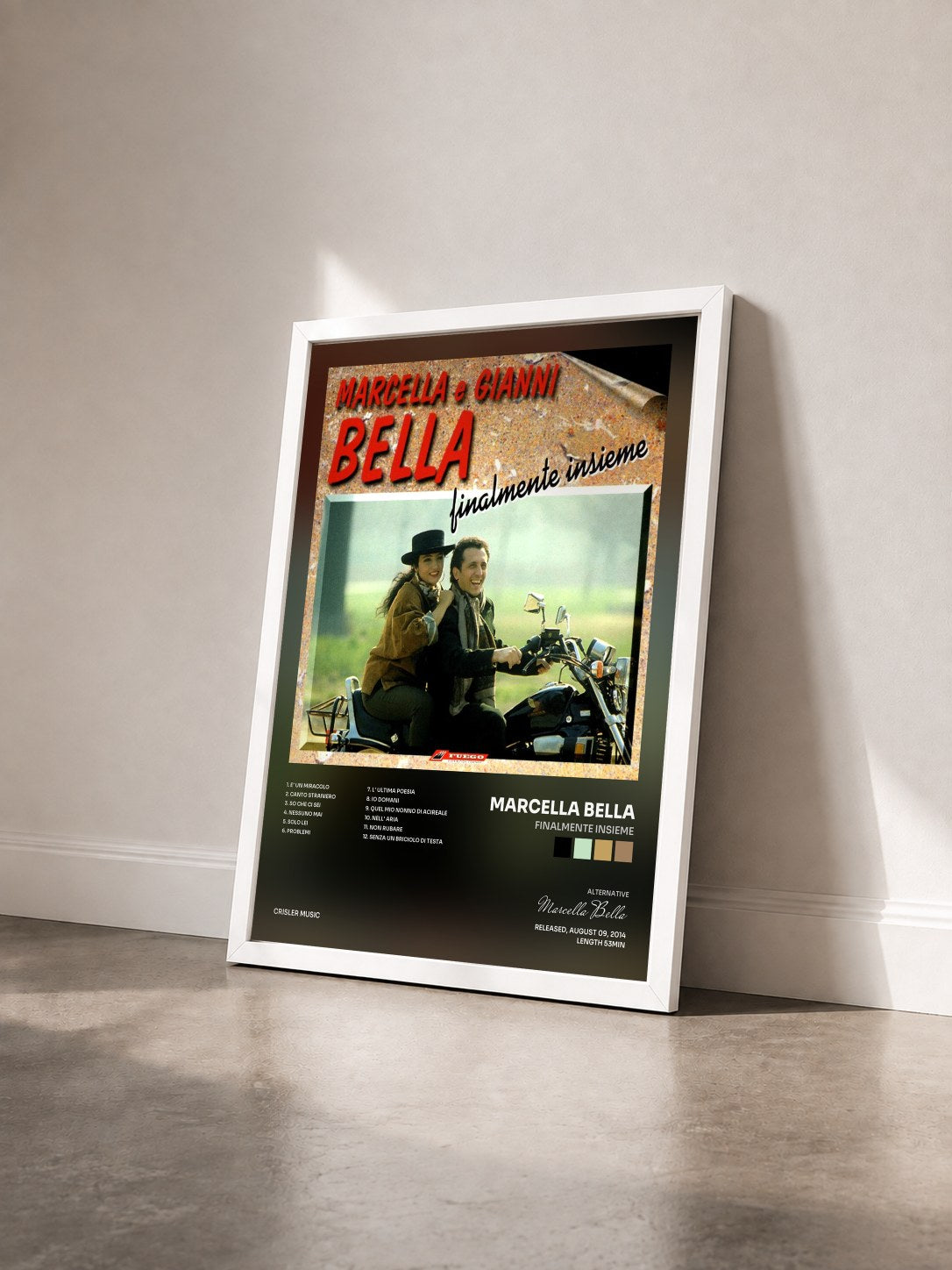 #blanc Tableau de l'album Finalmente Insieme de Marcella Bella vu de trois quarts, cadre blanc