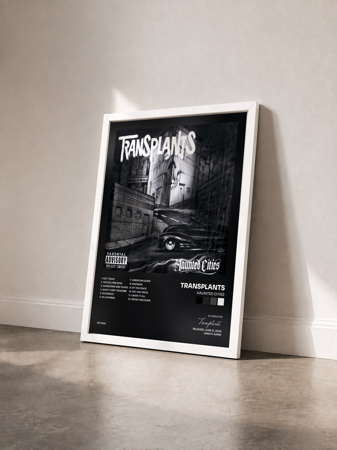#blanc Tableau de l'album Haunted Cities de Transplants vu de trois quarts, cadre blanc