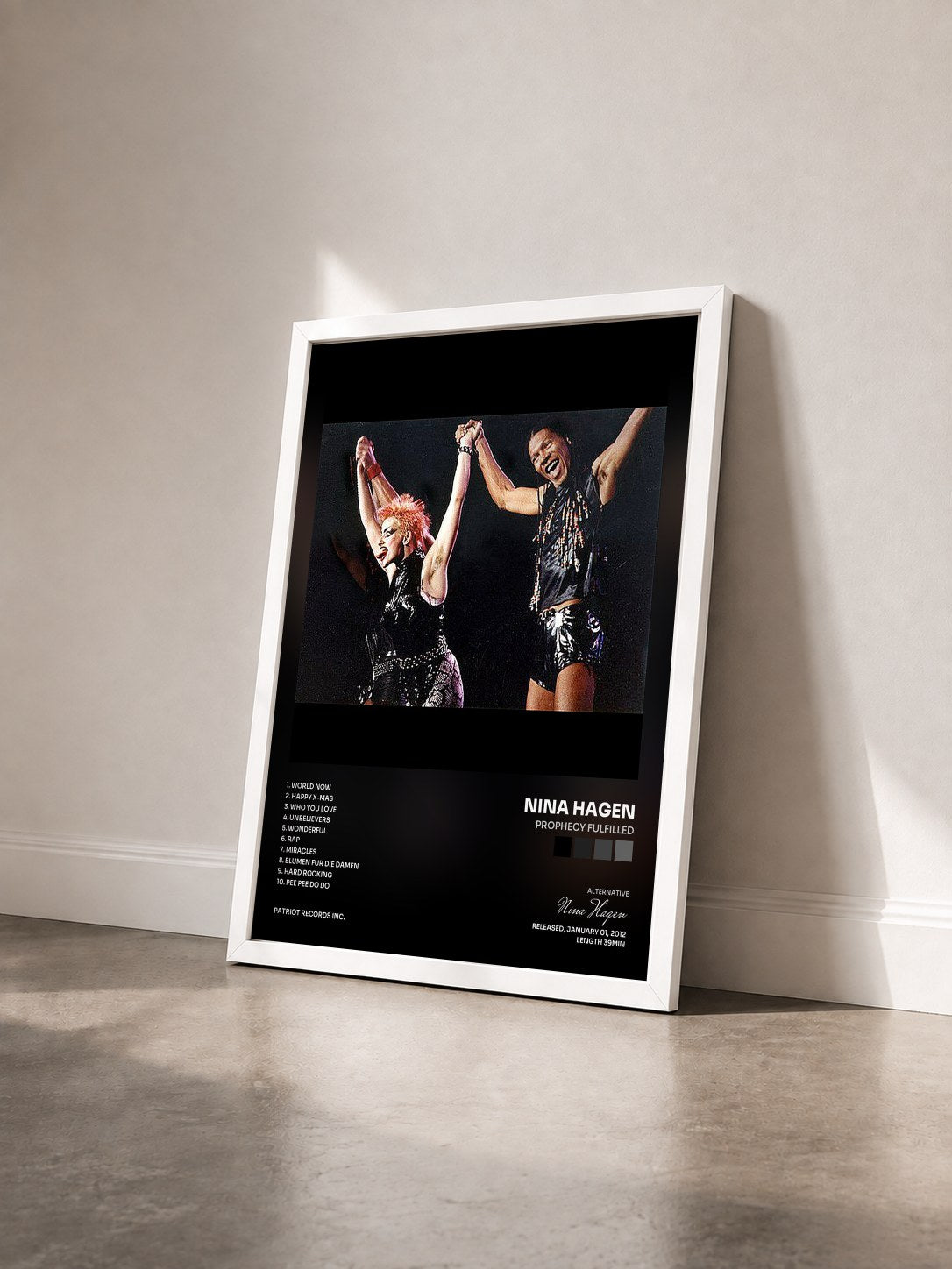 #blanc Tableau de l'album Prophecy Fulfilled de Nina Hagen vu de trois quarts, cadre blanc