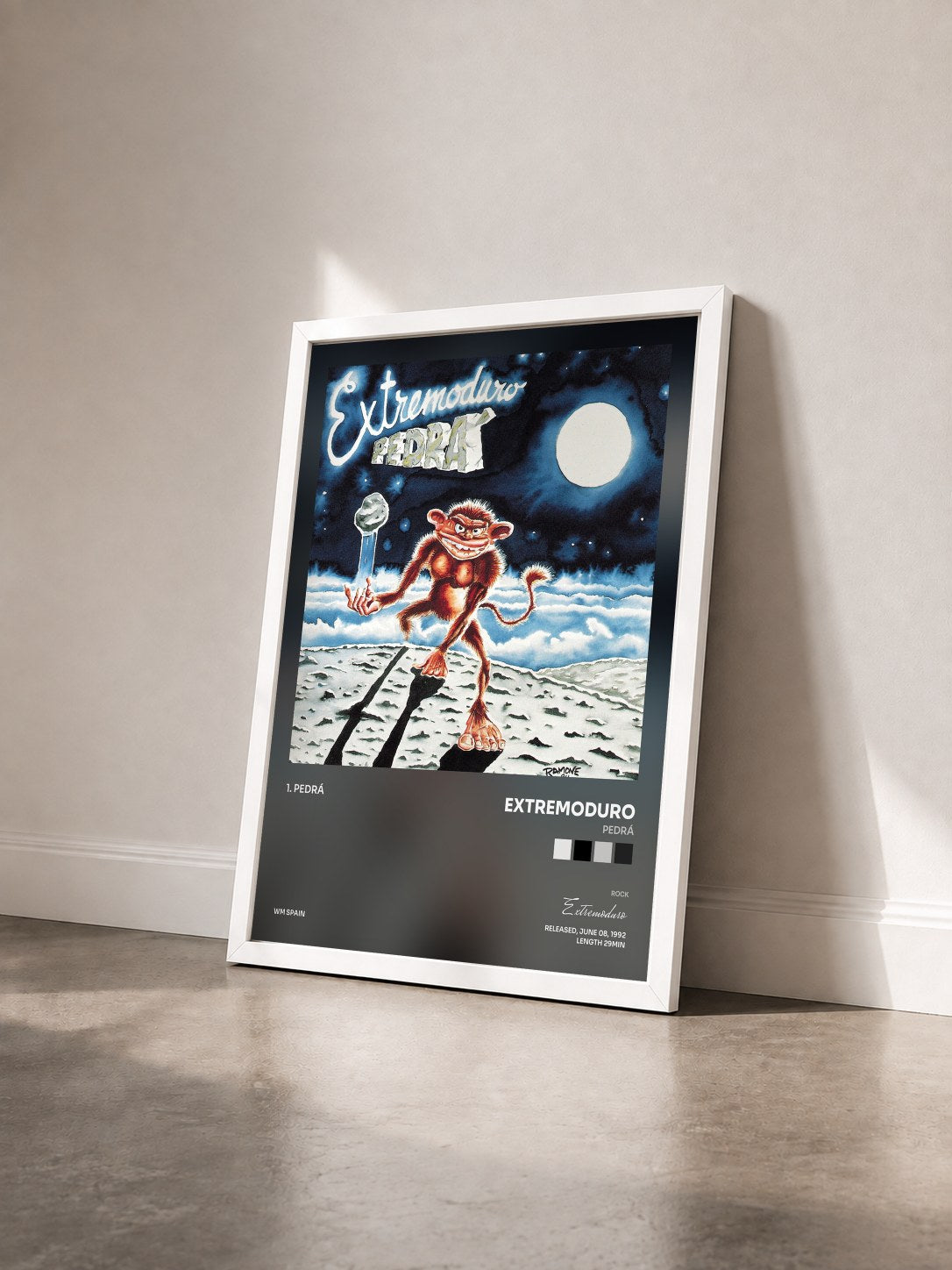 #blanc Tableau de l'album Pedrá de Extremoduro vu de trois quarts, cadre blanc