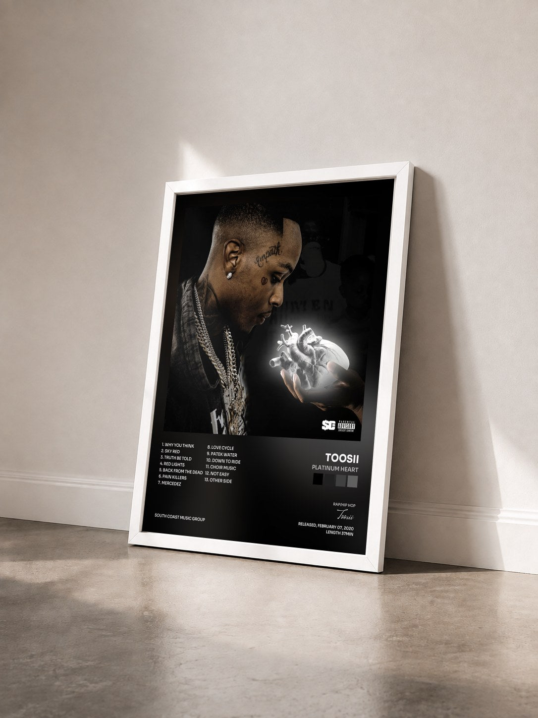 #blanc Tableau de l'album Platinum Heart de Toosii vu de trois quarts, cadre blanc
