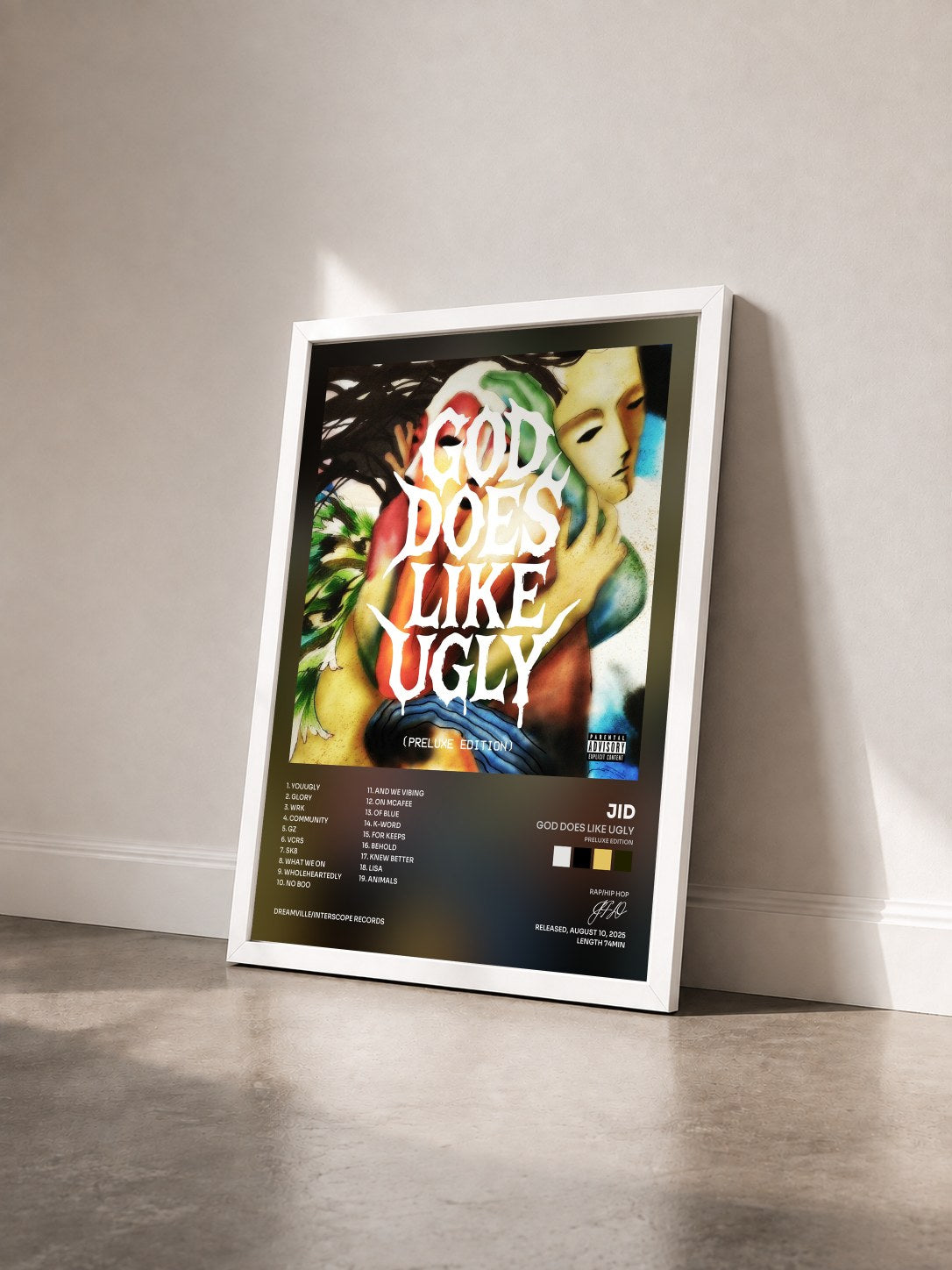 #blanc Tableau de l'album God Does Like Ugly (Preluxe Edition) de JID vu de trois quarts, cadre blanc