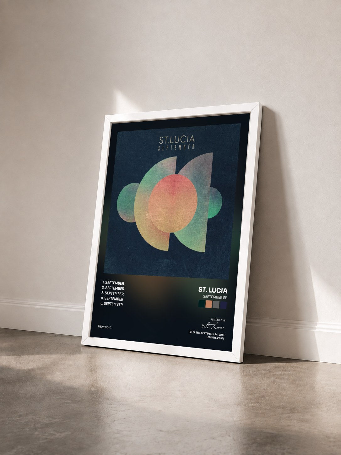 #blanc Tableau de l'album September EP de St. Lucia vu de trois quarts, cadre blanc