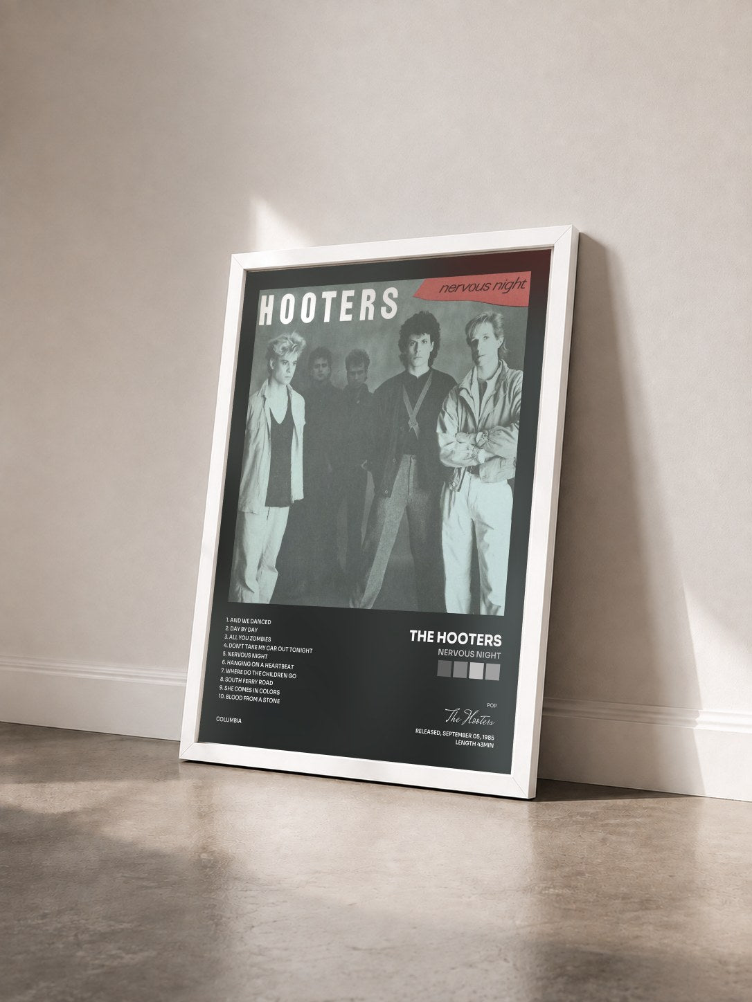 #blanc Tableau de l'album Nervous Night de The Hooters vu de trois quarts, cadre blanc