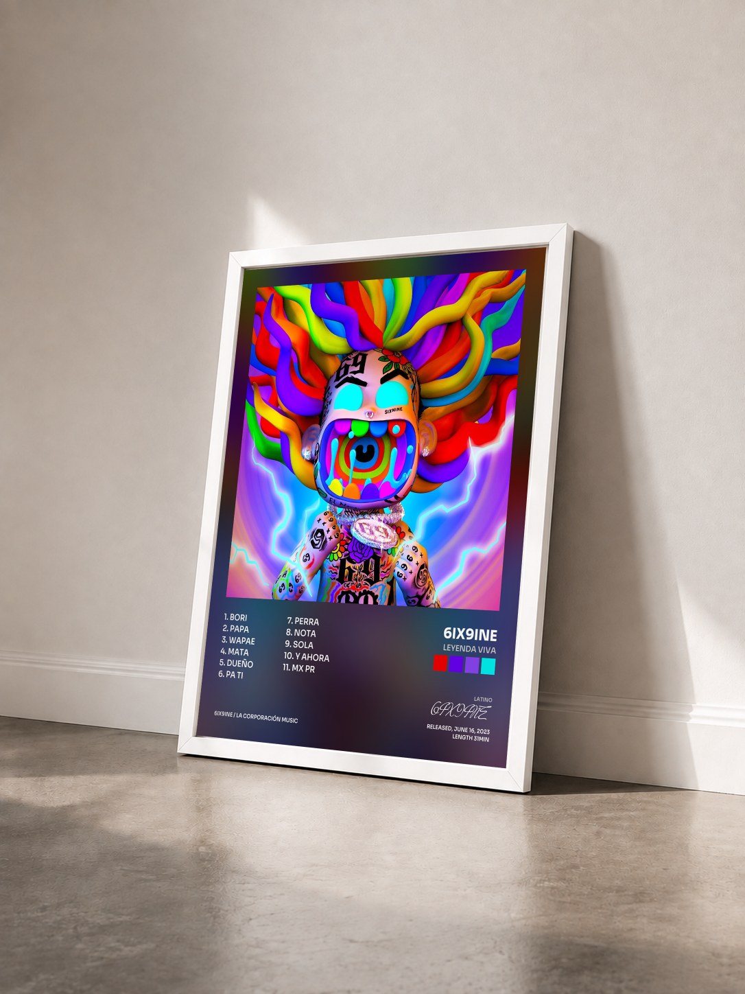 #blanc Tableau de l'album Leyenda Viva de 6IX9INE vu de trois quarts, cadre blanc