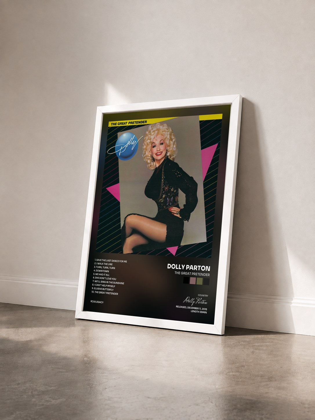 #blanc Tableau de l'album The Great Pretender de Dolly Parton vu de trois quarts, cadre blanc