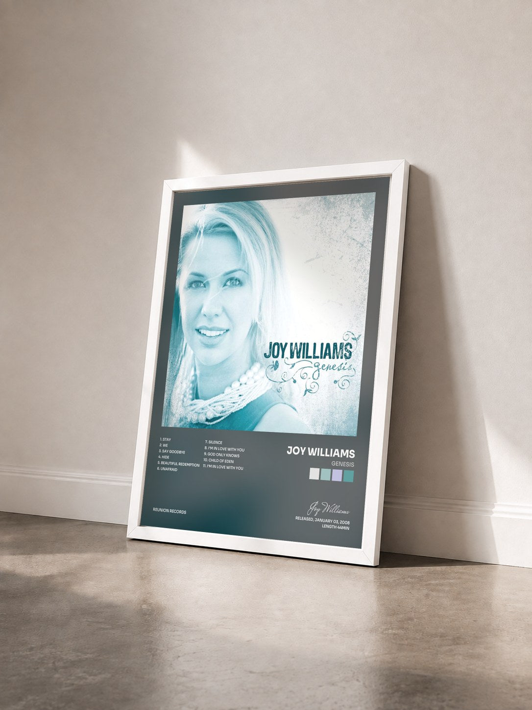 #blanc Tableau de l'album Genesis de Joy Williams vu de trois quarts, cadre blanc