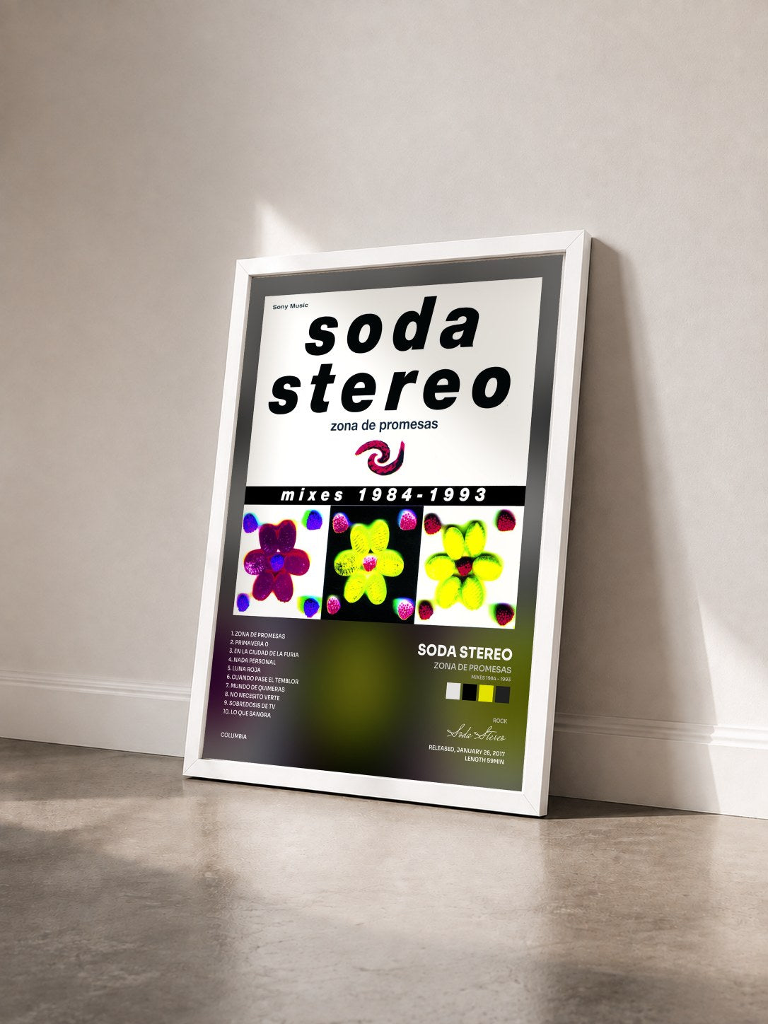 #blanc Tableau de l'album Zona de Promesas (Mixes 1984 - 1993) de Soda Stereo vu de trois quarts, cadre blanc
