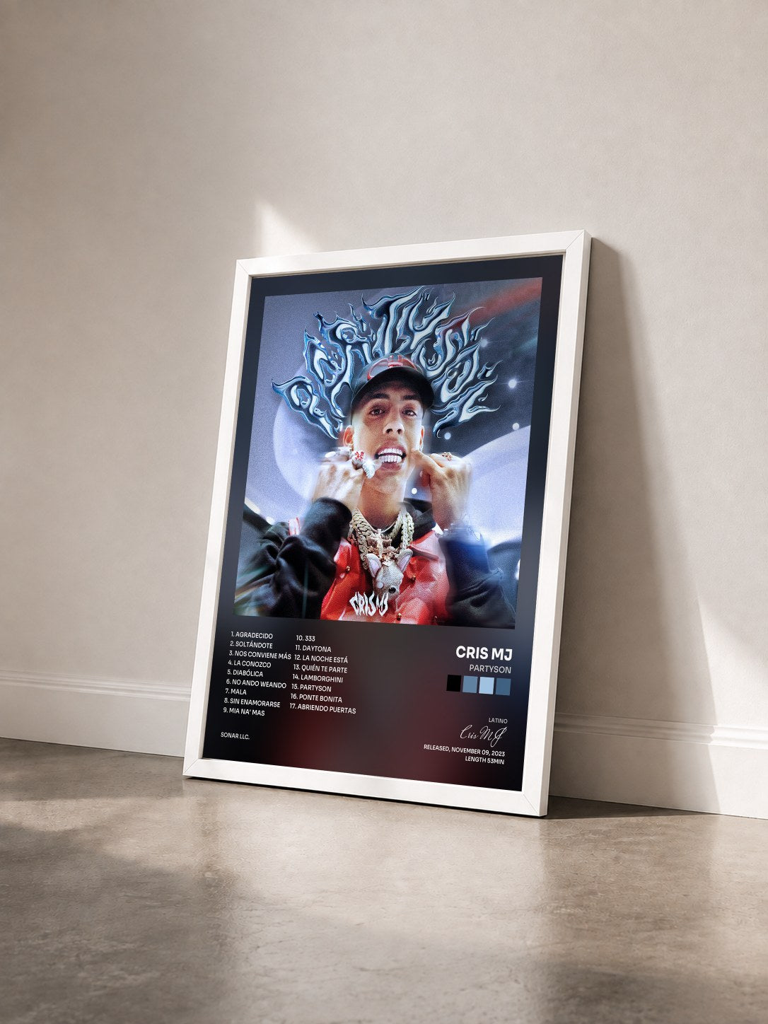 #blanc Tableau de l'album Partyson de Cris MJ vu de trois quarts, cadre blanc