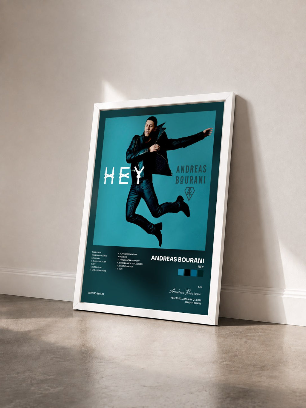 #blanc Tableau de l'album Hey de Andreas Bourani vu de trois quarts, cadre blanc