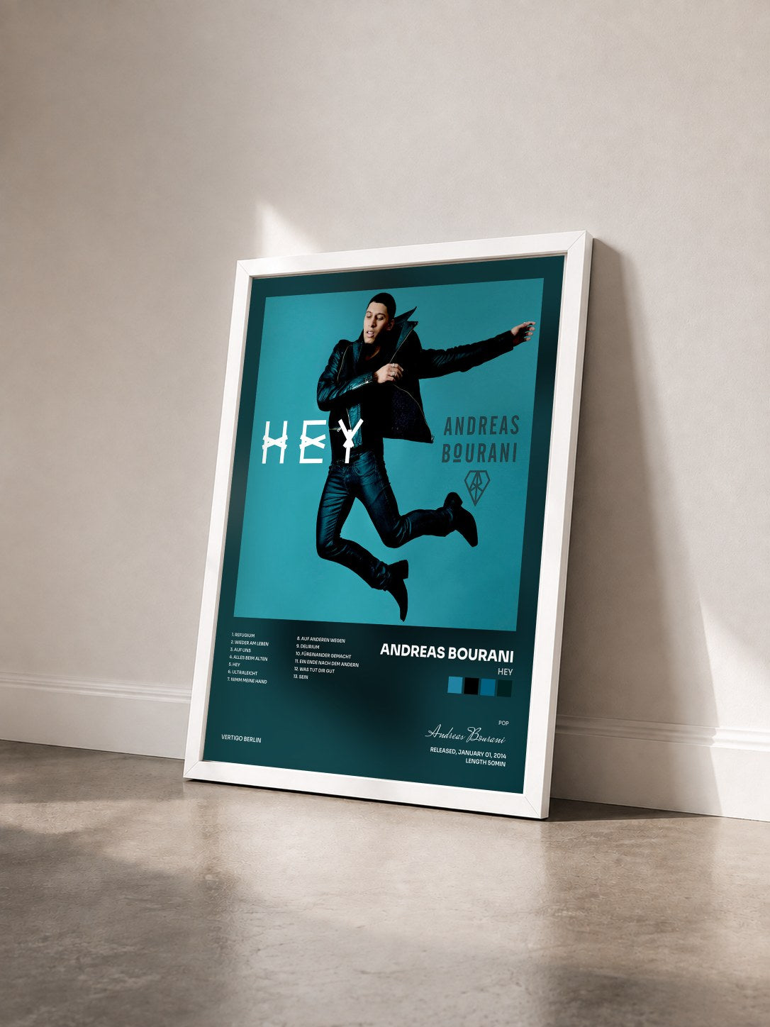 #blanc Tableau de l'album Hey de Andreas Bourani vu de trois quarts, cadre blanc