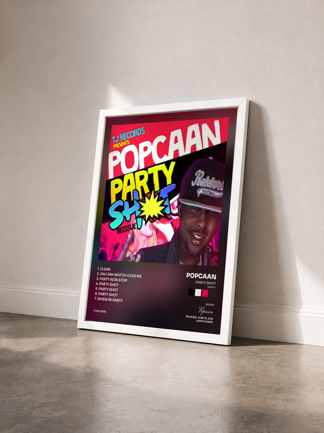 #blanc Tableau de l'album Party Shot (Reissue) de Popcaan vu de trois quarts, cadre blanc
