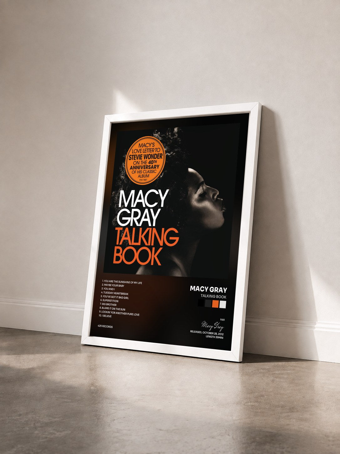 #blanc Tableau de l'album Talking Book de Macy Gray vu de trois quarts, cadre blanc