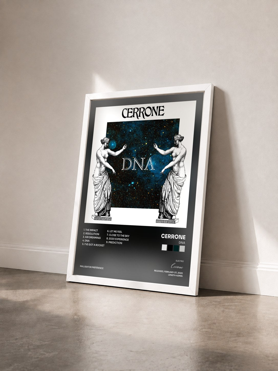 #blanc Tableau de l'album DNA de Cerrone vu de trois quarts, cadre blanc