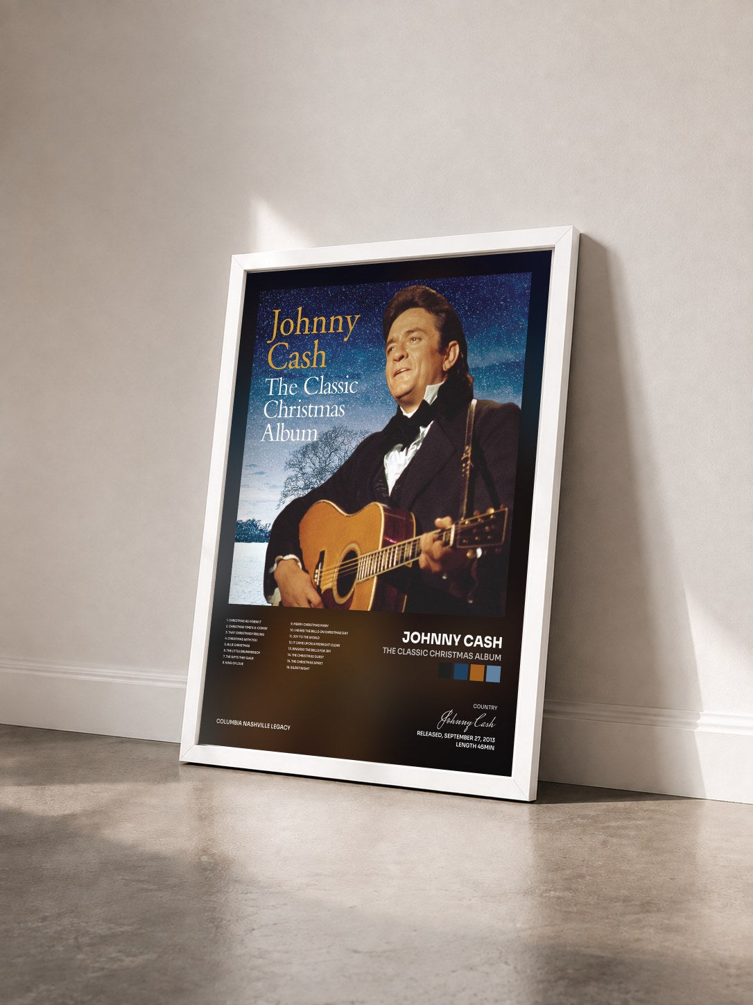 #blanc Tableau de l'album The Classic Christmas Album de Johnny Cash vu de trois quarts, cadre blanc