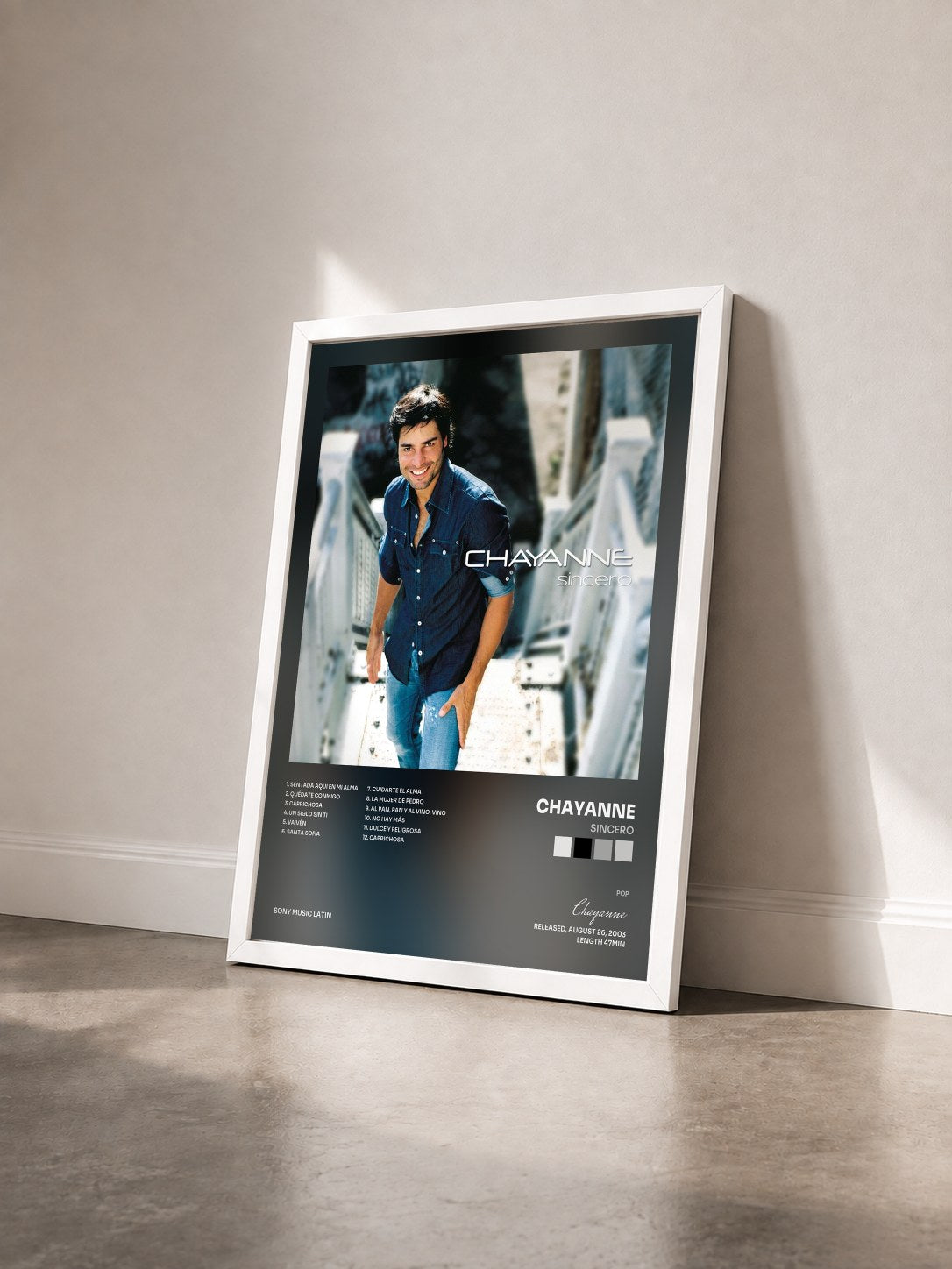 #blanc Tableau de l'album Sincero de Chayanne vu de trois quarts, cadre blanc