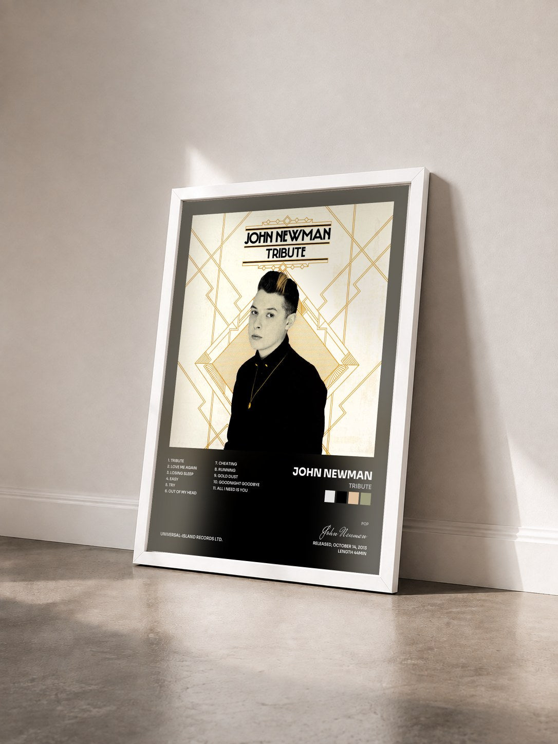 #blanc Tableau de l'album Tribute de John Newman vu de trois quarts, cadre blanc